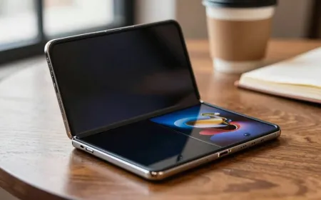 A foldable smartphone displays its flexible screen and hinge mechanism in both open and closed positions.