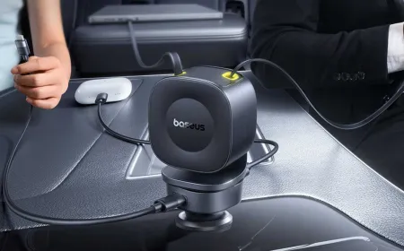 The Baseus PrimeTrip VR2 Max car charger features dual retractable cables and multiple output ports.