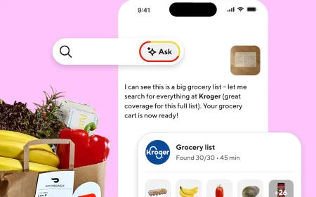 A smartphone displays DoorDash conversational ordering interface with natural language prompts replacing traditional menus.