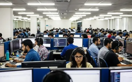 A worker managing multiple digital tasks and automated alerts, illustrating expanded workloads from AI efficiency gains