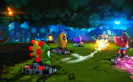 Two platformer characters race on a retro arcade track with a tactical rage meter and customization interface visible.