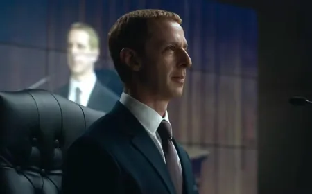 This promotional still from the film The Social Reckoning features Jeremy Strong portraying an older Mark Zuckerberg.