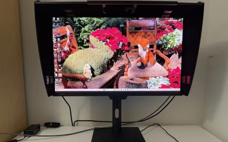 The Asus ProArt PA27USD OLED monitor displays a test pattern with visible rear ports.