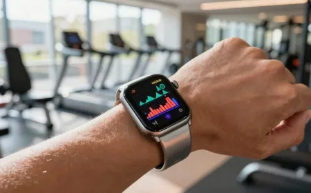 A person wears a fitness smartwatch on their wrist while viewing real-time health metrics on the digital display.
