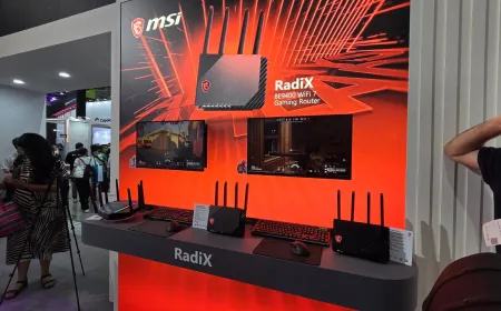 The photograph shows the MSI RadiX BE19000, BE9400, and BE3600 WiFi 7 routers.