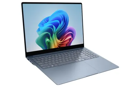 The Samsung Galaxy Book 6 Edge laptop is displayed open with its silver chassis and keyboard visible.