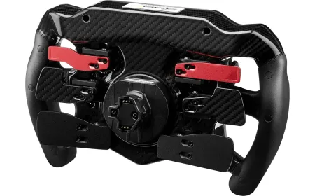 A limited edition Ferrari 499P sim racing wheel features individual serial numbering and Thrustmaster branding.