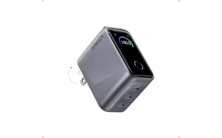 The Anker Prime 160W charger has three USB-C ports and is roughly the size of an AirPods Pro case.