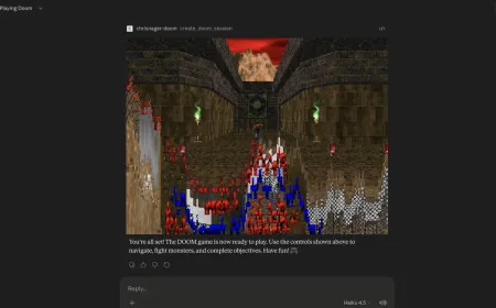 A computer screen showing an AI chatbot interface successfully running the Doom video game.