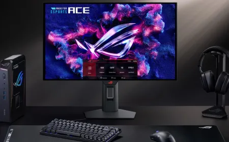 Asus ROG gaming monitors featuring OLED and IPS display panels.