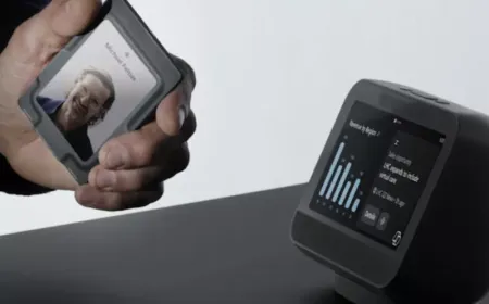 Microsoft wearable AI badge concept featuring a camera and fingerprint sensor for AI agent interaction.
