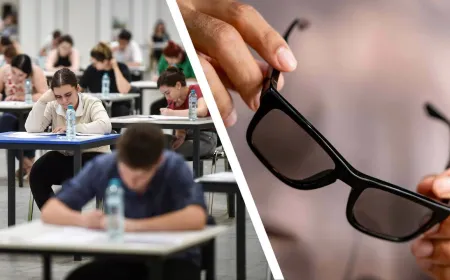 A student wears covert smart glasses during a supervised examination.