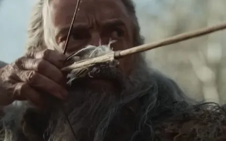 A weathered archer stands in a quiet landscape, reflecting the film's exploration of guilt and redemption.