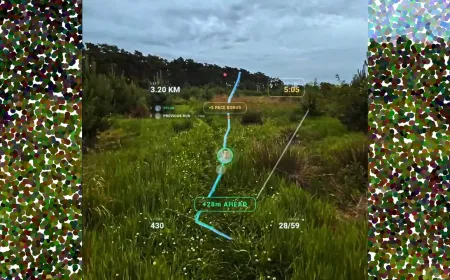 A gamified AR running app displays ghost racing, coin bonuses, and real-time tracking on Meta Ray-Ban glasses.