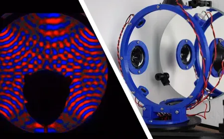 An acoustic tomography rig measures sound wave propagation in a room to optimize home theater calibration.