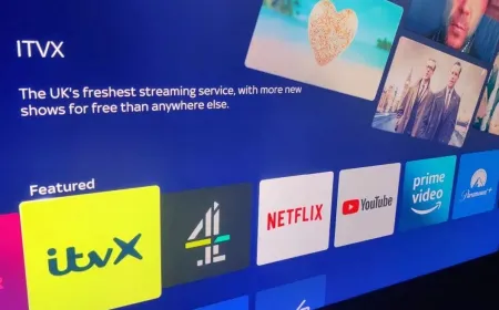 A television screen displays the ITV X application interface on a Sky Glass device.