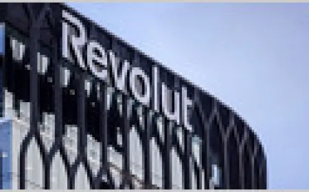 The image displays the Revolut headquarters building alongside European Central Bank regulatory documents.