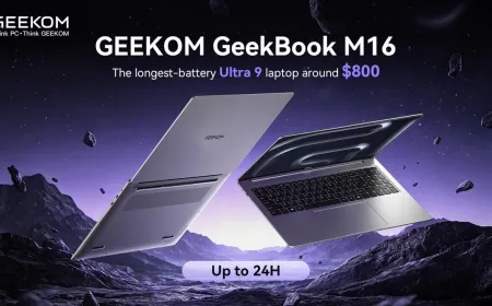 The GeekBook M16 business laptop features a compact chassis and a professional keyboard layout.
