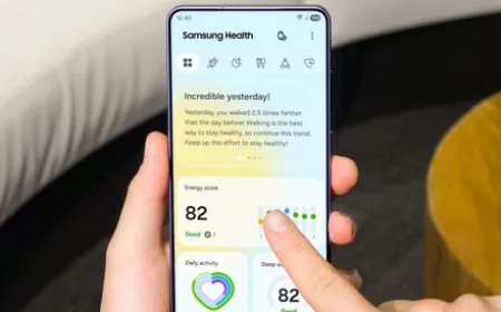 The Galaxy Watch screen displays the Samsung Health dashboard with heart score and sleep tracking data.