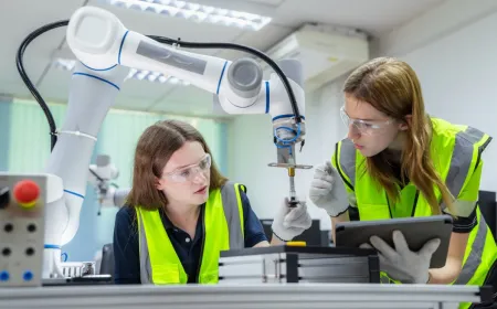 Six women professionals collaborating in a modern industrial setting