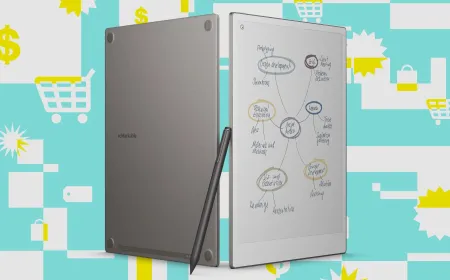 A refurbished Remarkable Paper Pro tablet sits next to its folio cover and stylus on a desk.
