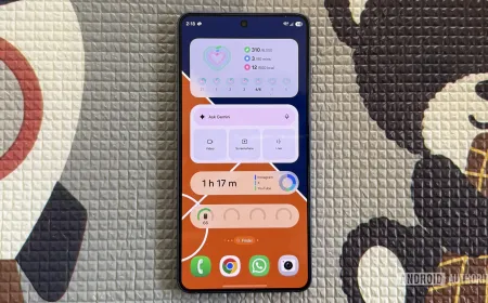 Android home screen displays battery tracker, browser shortcut, AI assistant, and fitness counter widgets.
