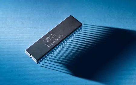 A macro photograph of the Intel 8086 microprocessor chip displays its ceramic package and pin array.