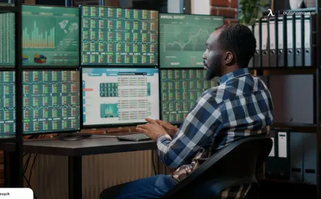 A professional trading desk features six monitors displaying financial charts and real-time market data.