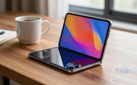 Foldable smartphone with a visible hinge mechanism and a flexible screen displaying a multitasking interface.