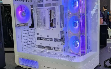 The FSP M581 computer case displays curved glass panels and back-connected motherboard routing at Computex 2026.