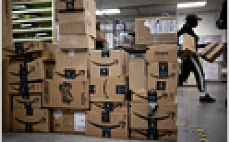 Amazon corporate branding appears with financial documents illustrating a major loan and bond issuance.