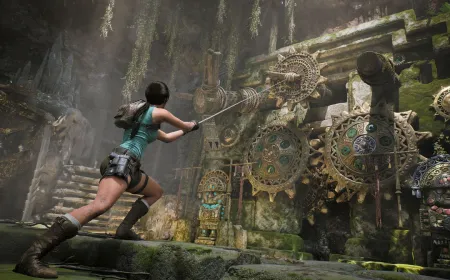 Lara Croft explores ancient ruins while solving puzzles and engaging in combat within the reimagined Tomb Raider game.