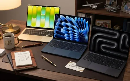 This image displays a lineup of laptops representing budget, mid-range, and gaming options for Father's Day.