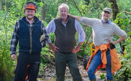Title card for Clarkson's Farm season five alongside a biweekly release schedule graphic