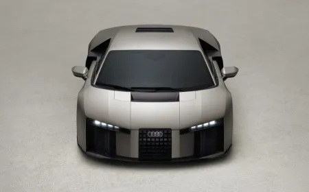 The Audi Nuvolari concept car features a mid-engine hybrid powertrain and carbon fiber bodywork.