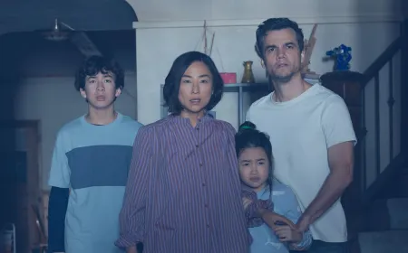 Promotional still from Netflix thriller The Last House depicting a family trapped inside their sealed home.