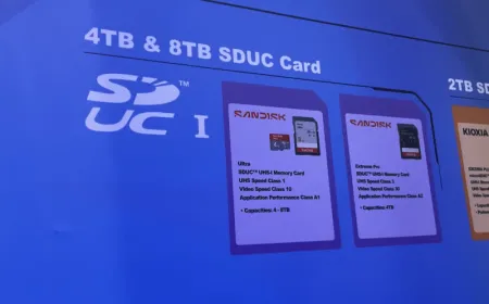 Technical specification sheets for SanDisk 4TB and 8TB SDUC memory cards are displayed at Computex 2026.