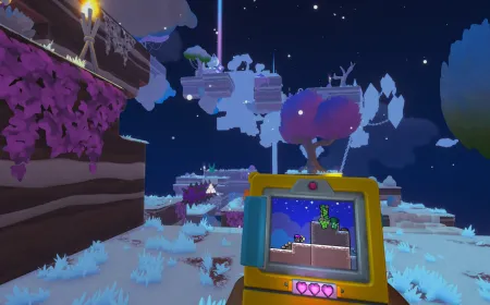 Gameplay demonstrating the handheld interface navigating a three-dimensional environment across separate visual layers.