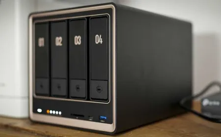 The Ugreen NASync DXP4800 GT four-bay NAS chassis displays front drive slots and rear networking ports.