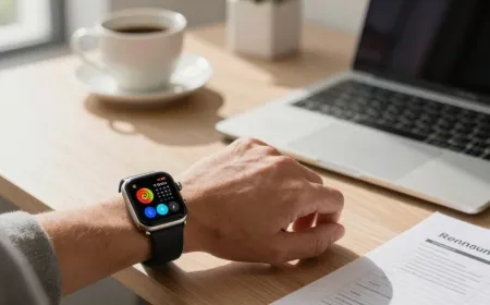 Smartwatch on a wrist displaying discreet notifications and stress tracking metrics in an office.