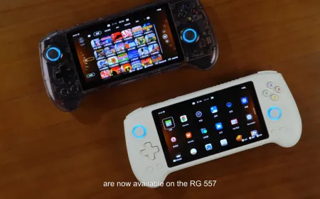 Anbernic RG557 handheld console showing the new dual-dial frontend interface from the V1.28 system update.