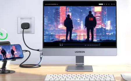 A slim Ugreen portable monitor displays a crisp interface on a flat surface.