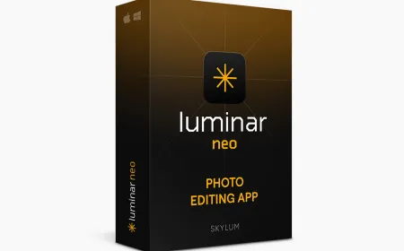 The Luminar Neo software interface displays photo editing tools and automation features.