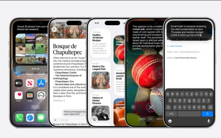 Siri AI interface graphic showcasing multi-step dialogue and on-device processing capabilities.