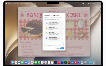 The Safari browser interface displays AI-powered extension generation tools alongside a natural language prompt input field.