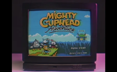 Mighty Cuphead Adventure title screen displaying its eight-bit pixel art style and Sega Master System interface.