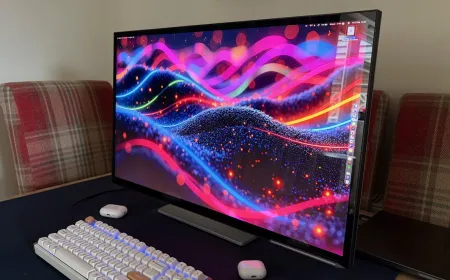 The thirty-two inch Alogic Clarity 6K Touch monitor displays a color calibration chart on its screen.