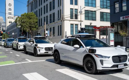 Autonomous vehicles travel through congested city streets without passengers.