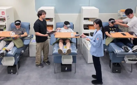 Blood donors wear extended reality headsets for meditation during collection at Samsung and Abbott venues.