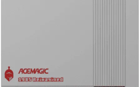 The ACEMAGIC Retro X5 mini PC displays a compact retro-styled chassis with clearly visible front panel ports and ventilation.